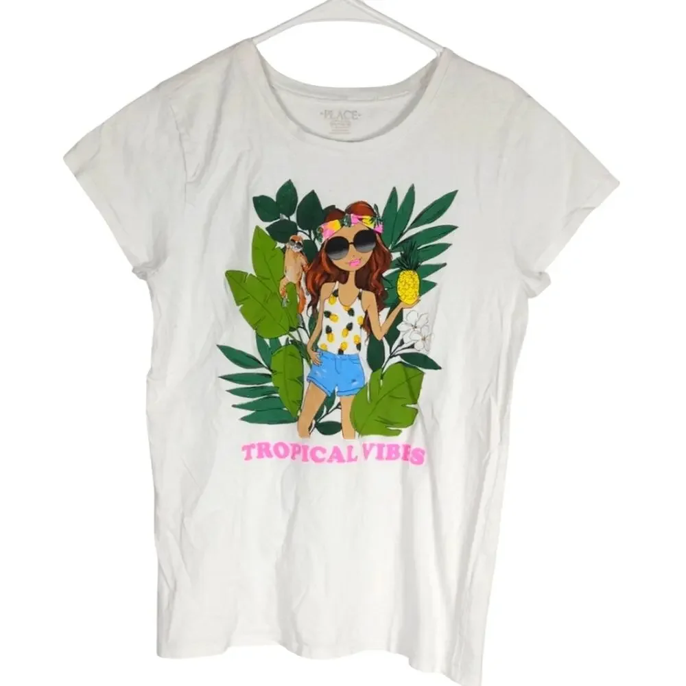 Children’s Place White Graphic Tee • Size 16 XXL Girls • GUC